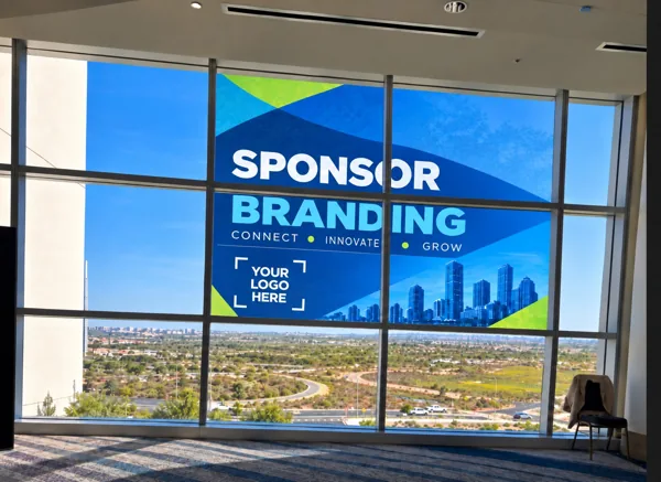 Concept rendering of a sponsor-branded window cling on the education level, seen from the foyer
