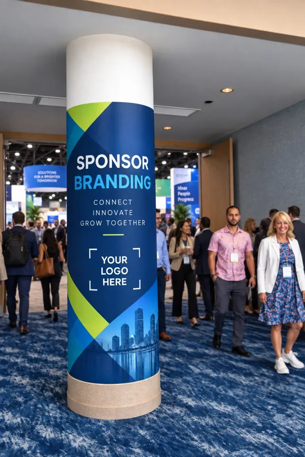 Concept rendering of a sponsor-branded column wrap between the Expo Hall entrance doors, with attendees passing
