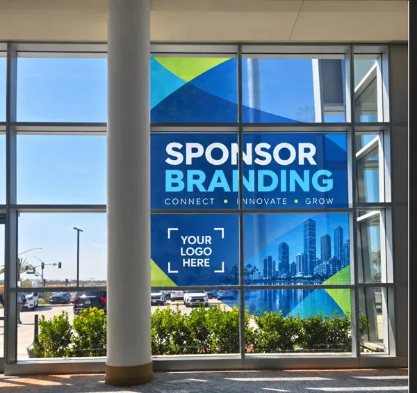 Concept rendering of a sponsor-branded window cling beside the Expo Hall entrance
